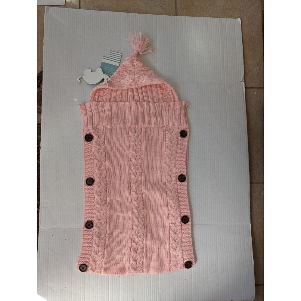Pink Cable Knit Hooded Baby Bunting Cocoon Swaddle Tassel Button New
